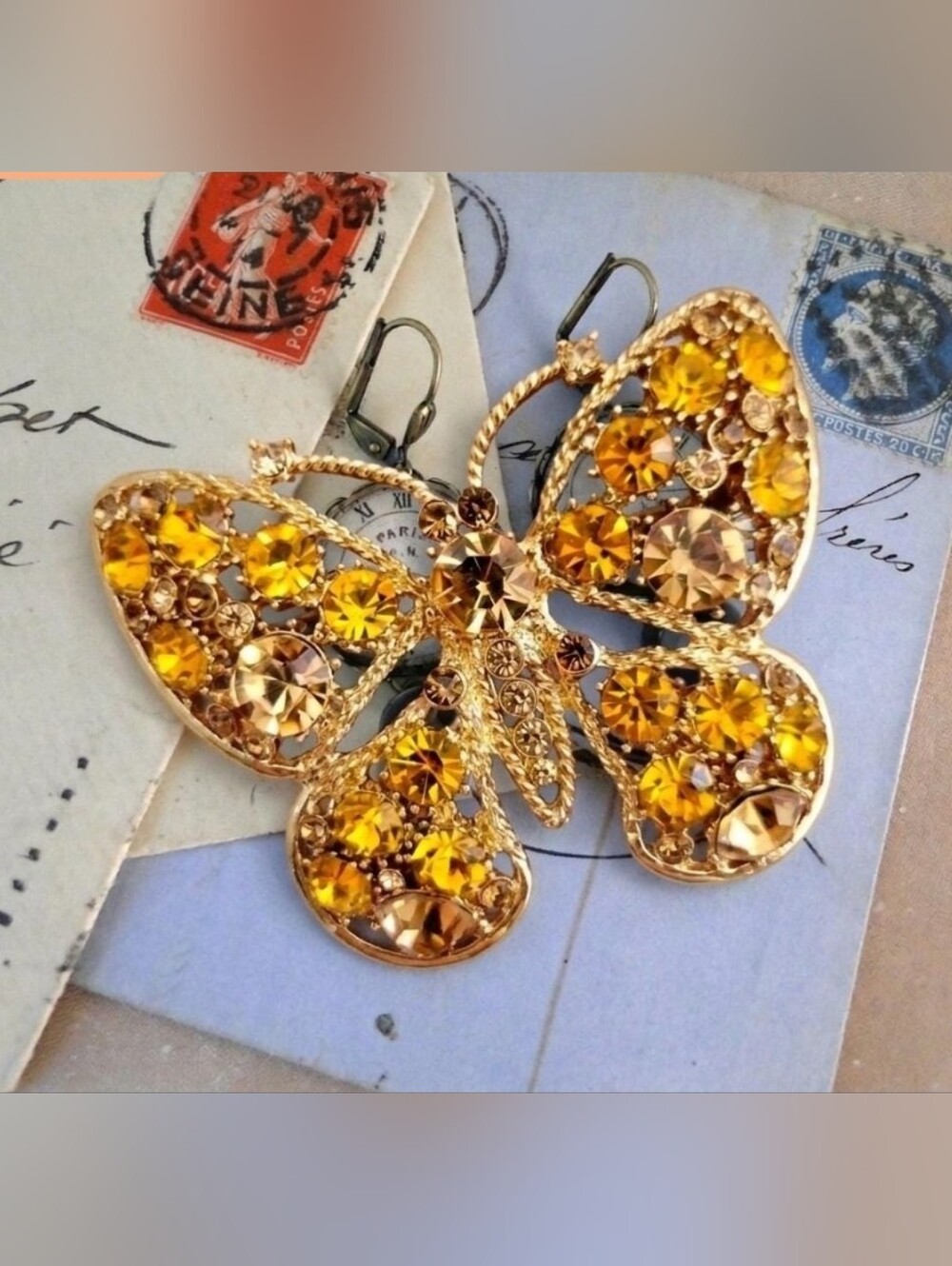Stunning 1960s Amber And Topaz Faceted Crystal Butterfly Brooch 2.5" SPARKLY!!
